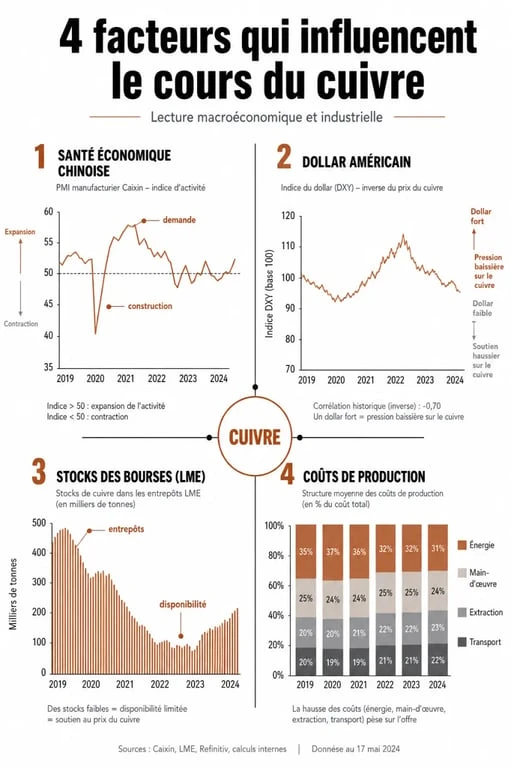 Infographie des facteurs influençant le cours du cuivre et l'investissement dans le cuivre