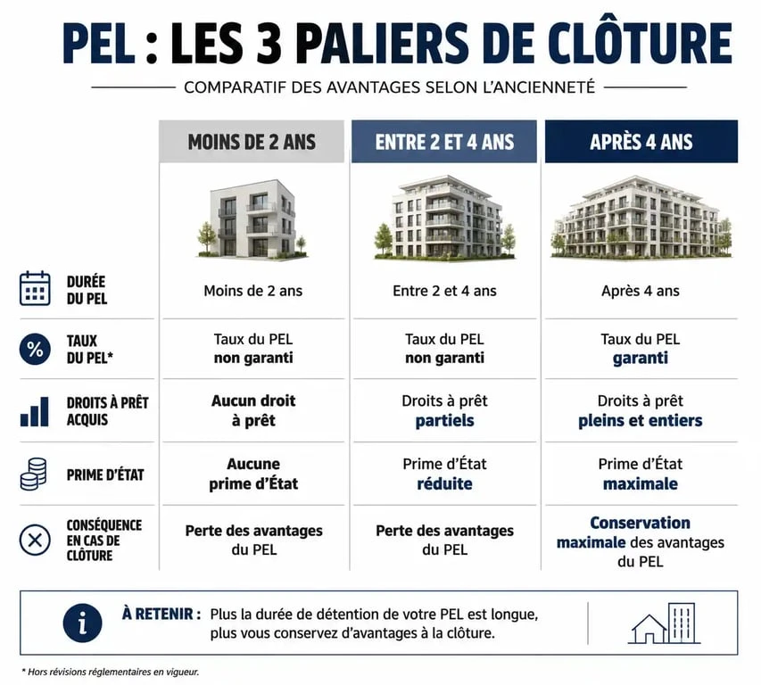 Infographie des paliers de clôture d'un PEL sans projet immobilier : conséquences financières selon l'ancienneté du plan.