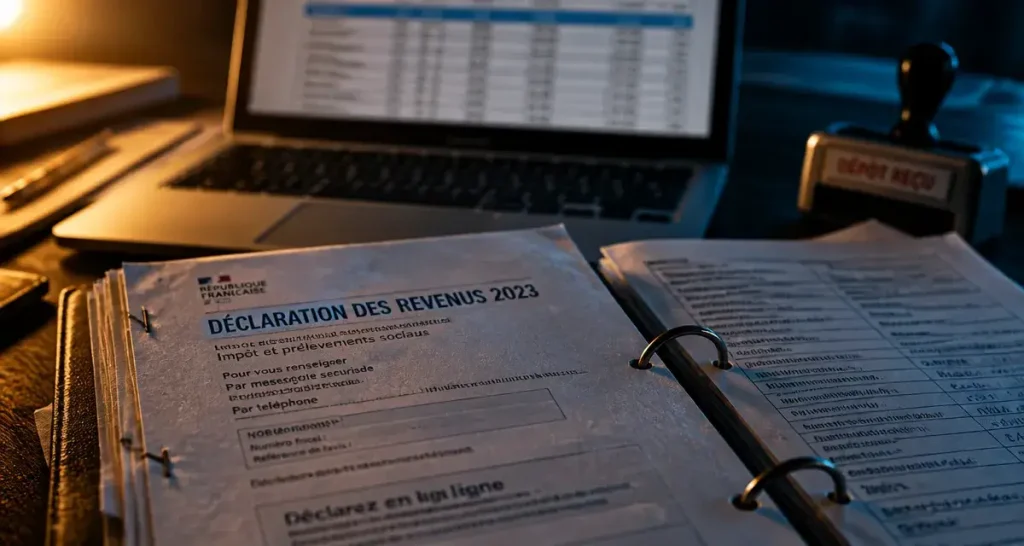 Liasse fiscale sur bureau, dépôt reçu et déclaration sécurisée