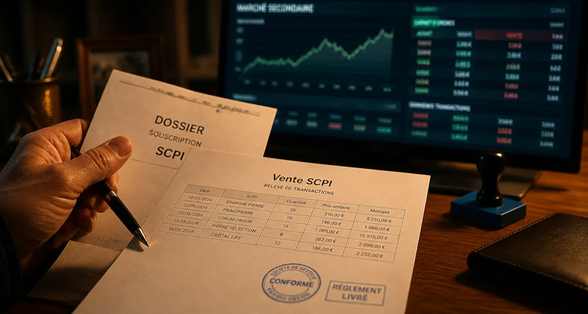 Vendre SCPI : dossier et relevé de vente sur table
