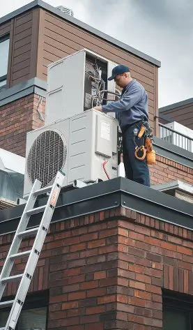HVAC technician servicing a commercial air conditioning unit on a rooftop.