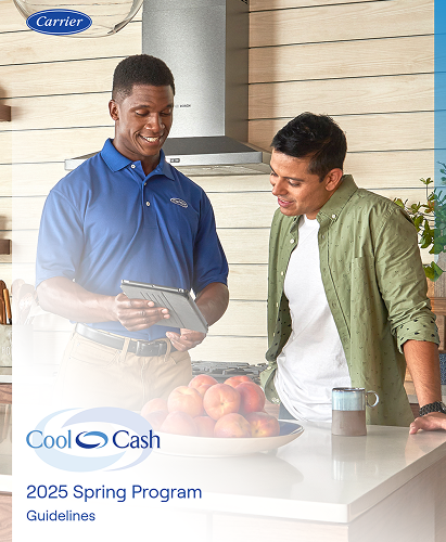 Carrier HVAC technician showing customer program details on a tablet.