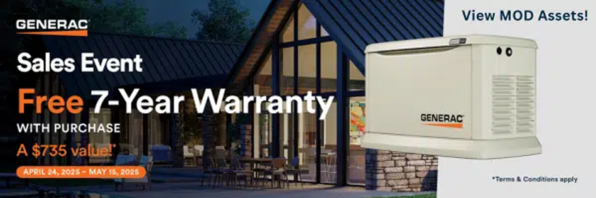Generac sales event banner showing generator and 7-year warranty offer.