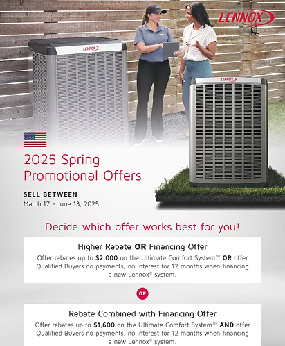 Lennox promotional offers showing two AC units and a technician with a customer.