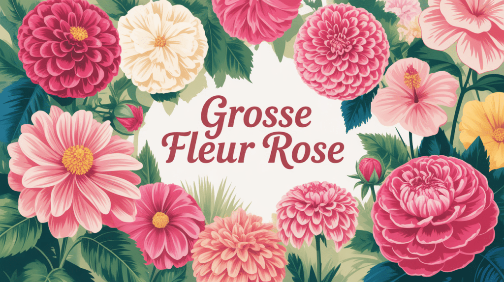grande illustration de grosse fleur rose emblématique en jardin