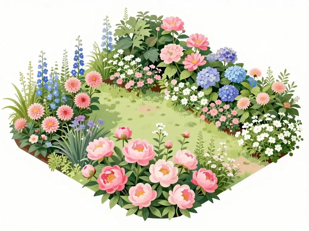massif de grosses fleurs roses en harmonie