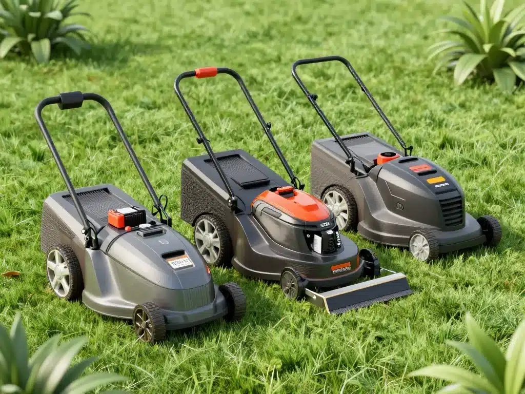 Différents modèles meilleure tondeuse sur batterie alignés sur pelouse