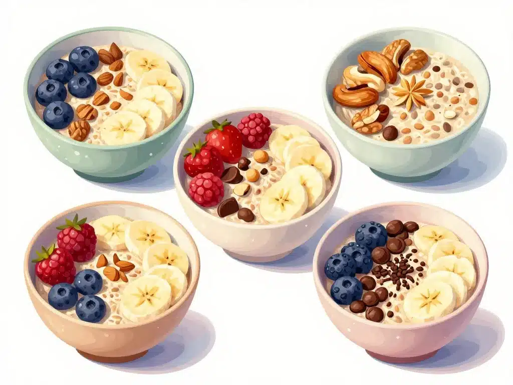 Trois bols de recette overnight oats fruits saisonniers noix