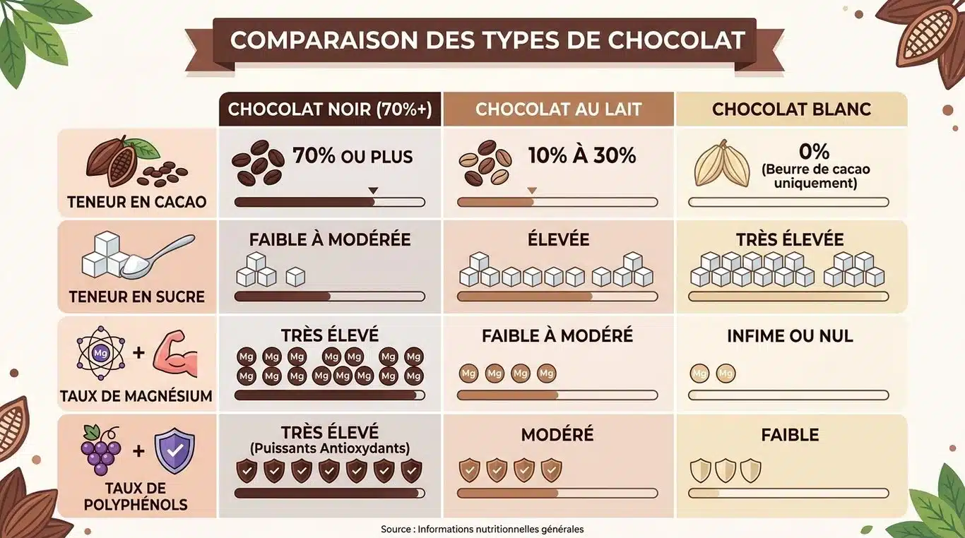 Infographie comparative des bienfaits nutritionnels : chocolat noir vs lait vs blanc