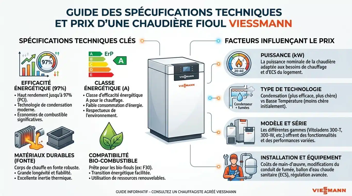 Infographie des caractéristiques techniques et facteurs de prix des chaudières fioul Viessmann