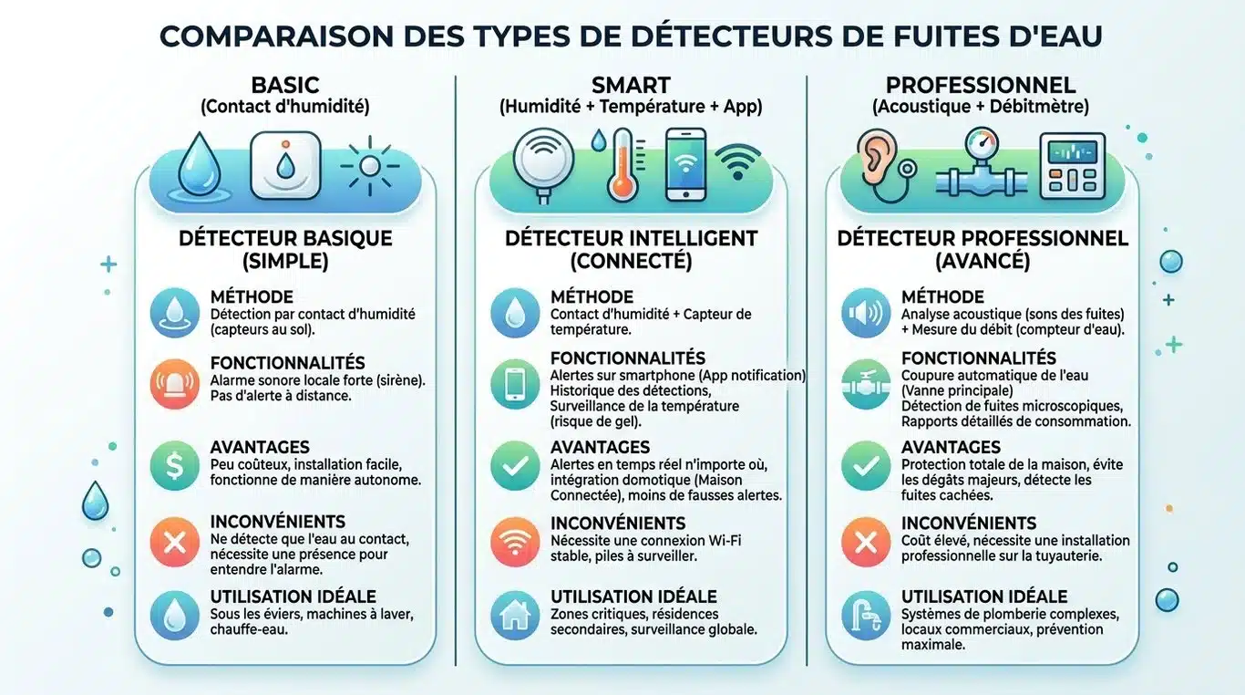 Infographie comparative des types de détecteurs de fuites d'eau