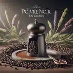 poivre noir en grain sur table avec moulin