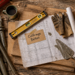 Coffrage mur, outils et matériaux sur établi de chantier