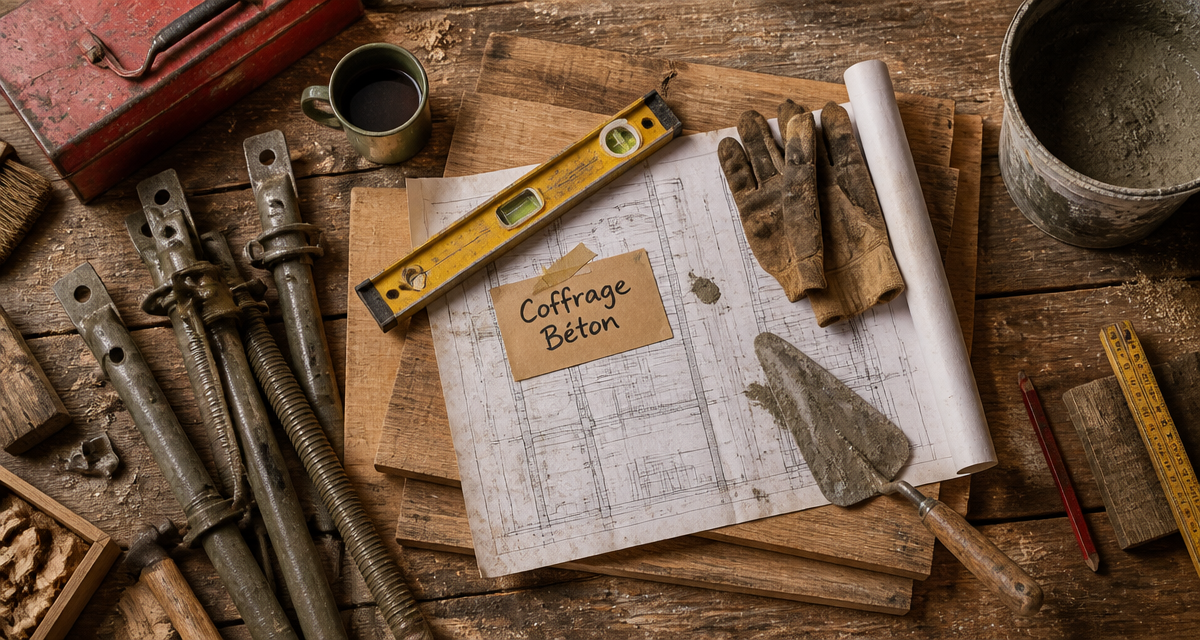 Coffrage mur, outils et matériaux sur établi de chantier
