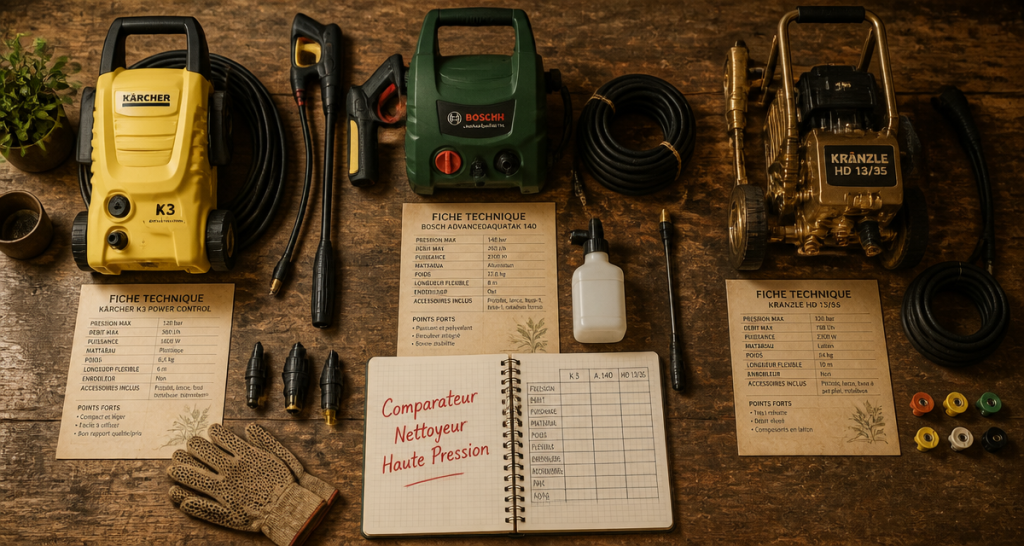 Comparateur nettoyeur haute pression différents matériaux sur table