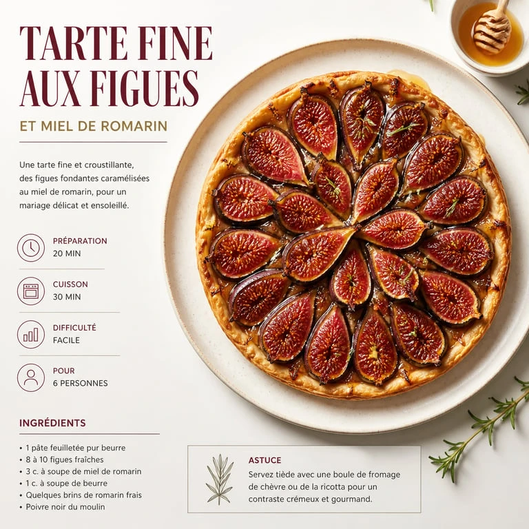 Tarte fine aux figues congelées et miel de romarin sur une table en bois