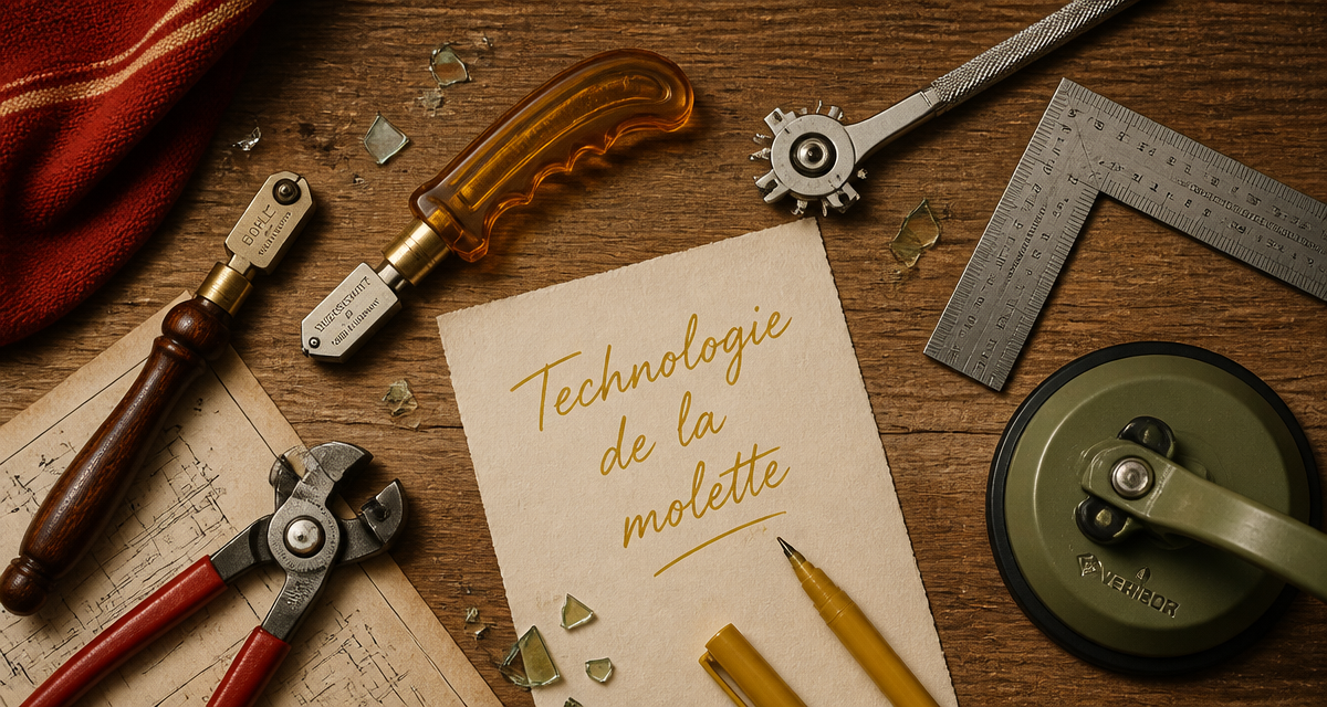 outil à couper le verre et accessoires sur plan de travail