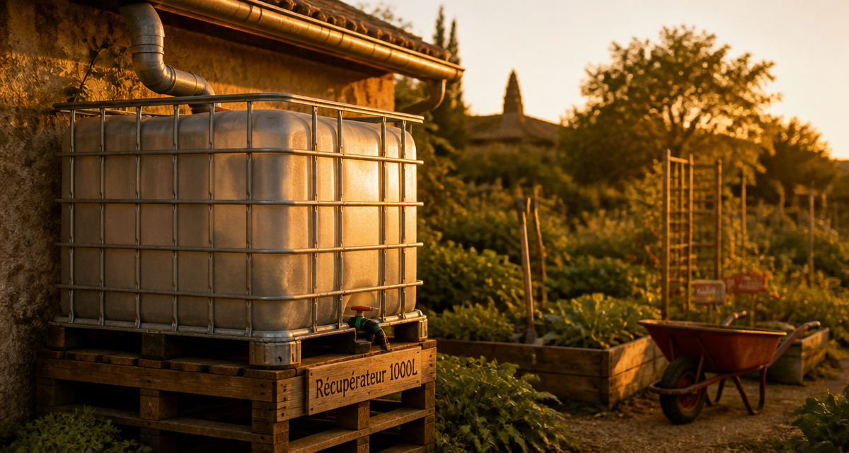 récupérateur d'eau 1000L relié à une gouttière au jardin