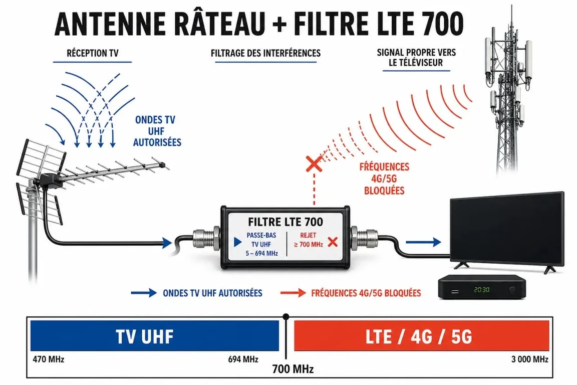 Schéma de fonctionnement d'une antenne râteau avec filtre LTE pour la réception TNT