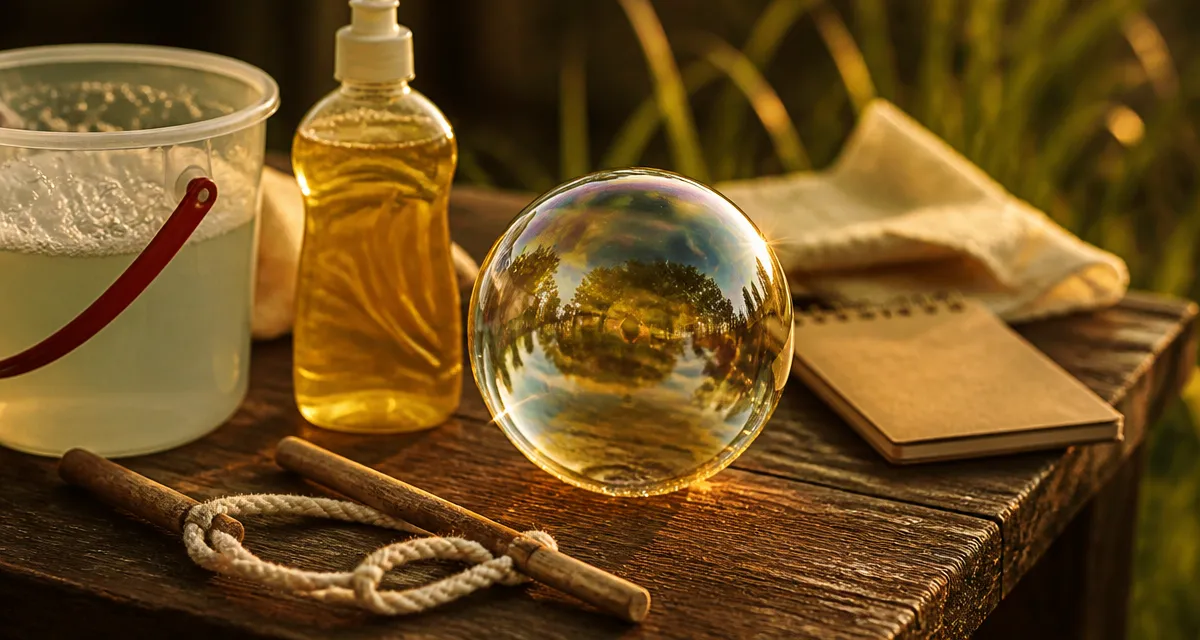 Meilleur liquide vaisselle pour bulles savon : bulles géantes sur table en bois
