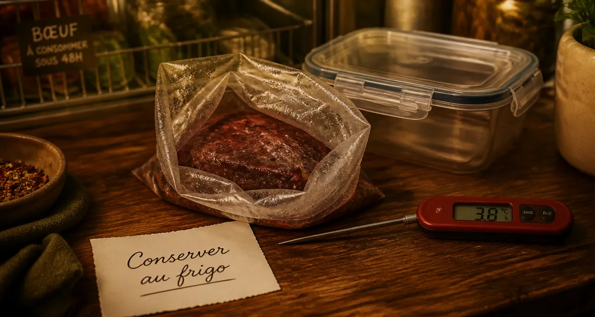 Viande décongelé combien de temps au frigo : sachet au frigo et mémo de conservation