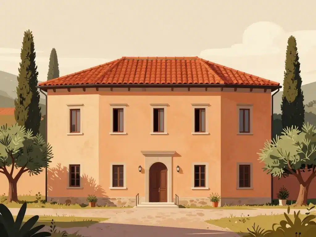 maison style italienne murs ocre tuiles rouges