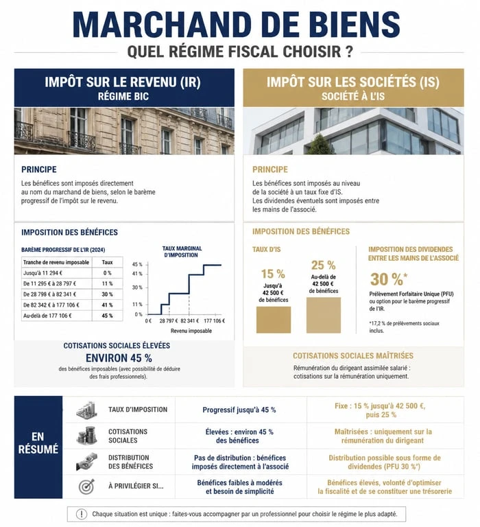 Comparatif fiscal marchand de biens : IR vs IS pour l'activité d'achat-revente immobilière