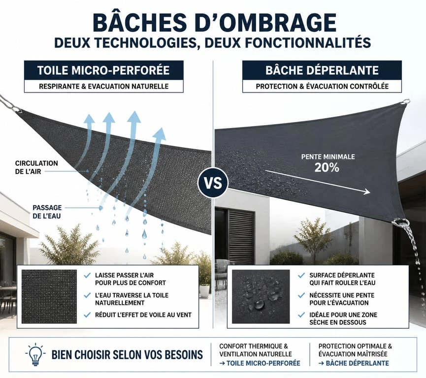 Comparatif technique des bâches d'ombrage : toile micro-perforée vs bâche déperlante pour terrasse