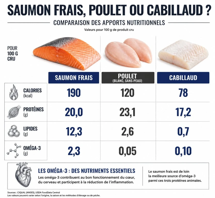 Infographie comparative des apports nutritionnels : saumon frais vs poulet vs cabillaud pour comprendre si le saumon fait grossir