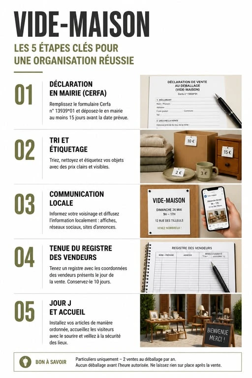 Infographie des étapes pour organiser un vide-maison en Charente-Maritime