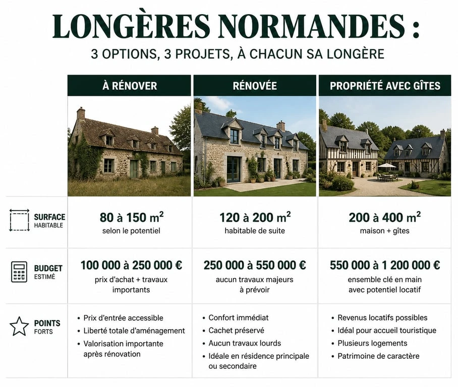 Infographie comparative des types de longères en Normandie : prix et caractéristiques