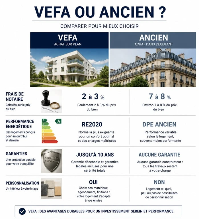 Infographie comparative achat immobilier VEFA vs ancien : frais de notaire, garanties et performance énergétique