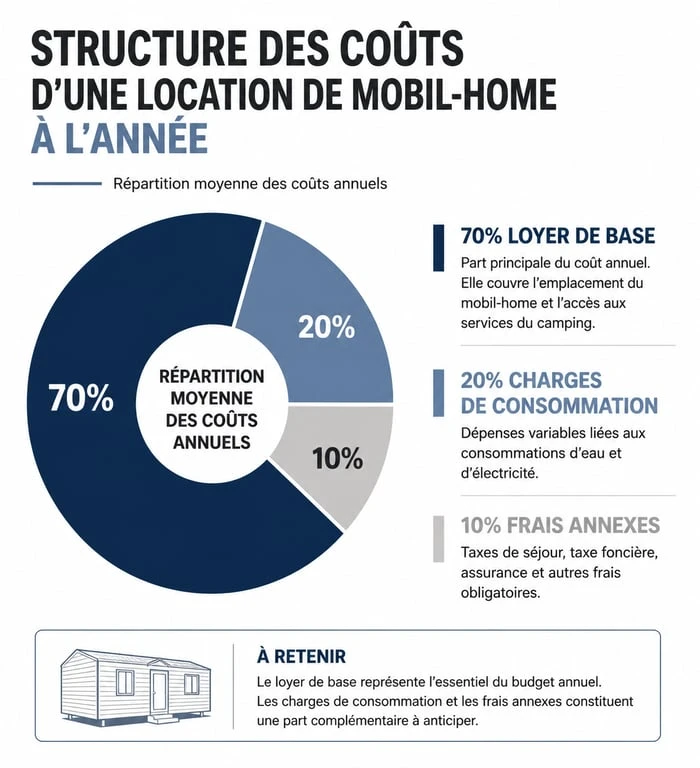 Répartition des coûts pour une location de mobil-home à l'année : loyer, charges et taxes