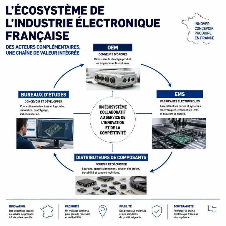 Schéma de l'écosystème d'une entreprise électronique en France : OEM, EMS et distribution