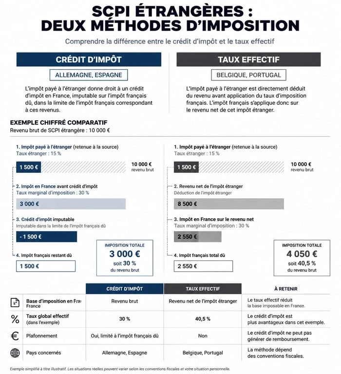 Comparatif des méthodes d'imposition fiscale pour les SCPI étrangères : crédit d'impôt et taux effectif
