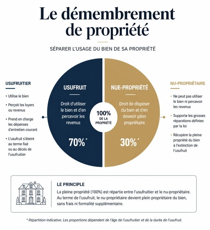 Schéma explicatif du démembrement de propriété pour une donation en nue-propriété après 70 ans