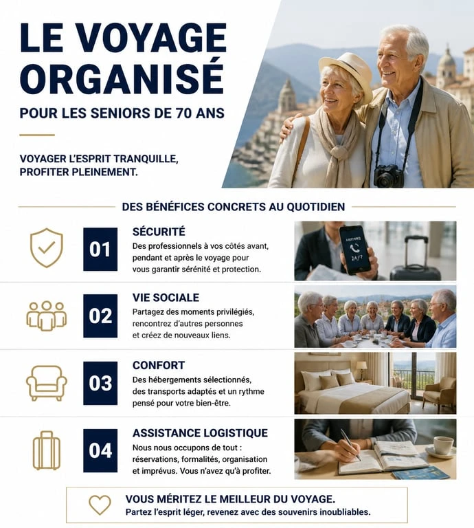 Infographie sur les bénéfices des voyages organisés pour personnes seules de 70 ans