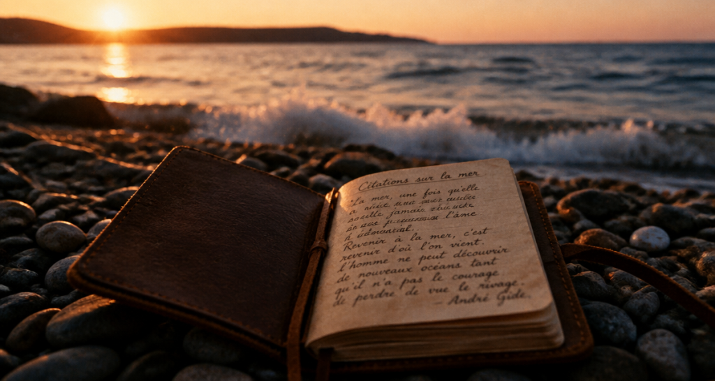 la mer citation carnet sur plage au crépuscule