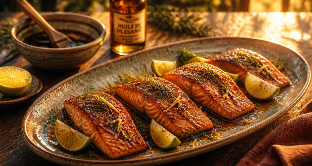 Marinade pour le saumon sur plat céramique avec citron et aneth