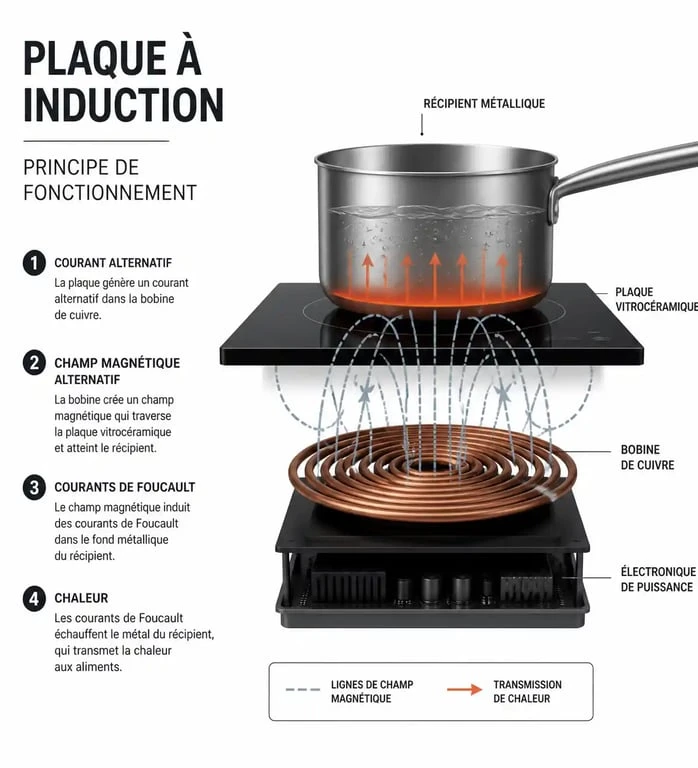 Schéma explicatif du fonctionnement d'une plaque à induction par champ magnétique