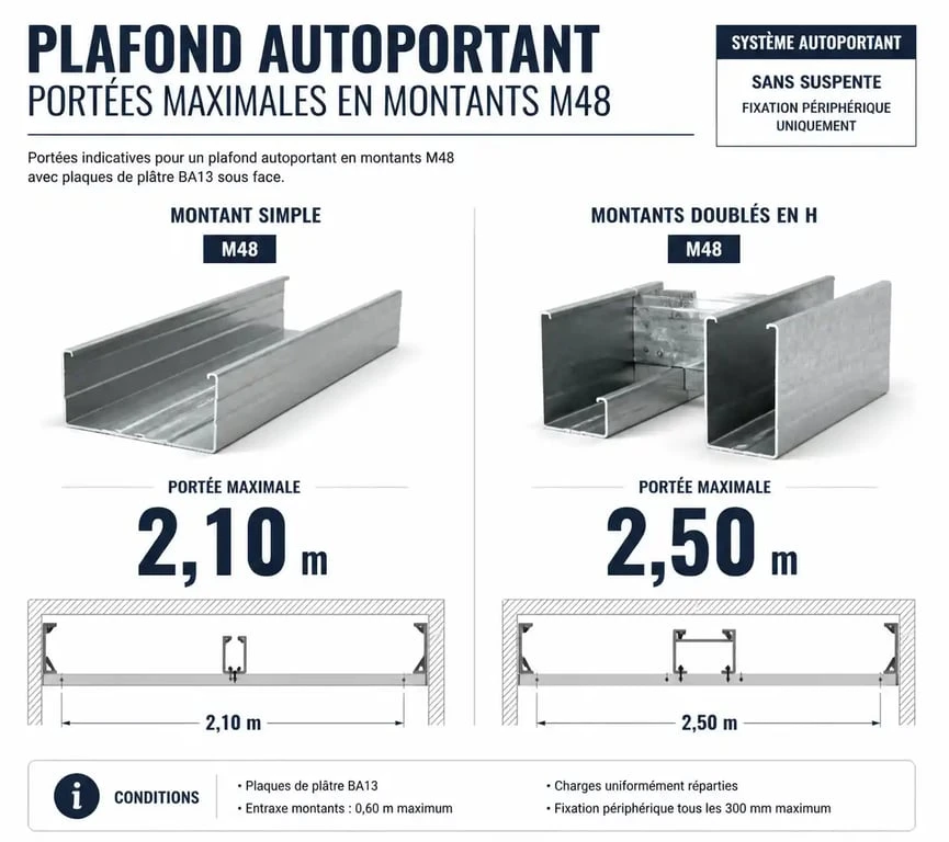 Infographie des portées maximales pour plafond autoportant avec montants M48 simple et doublés
