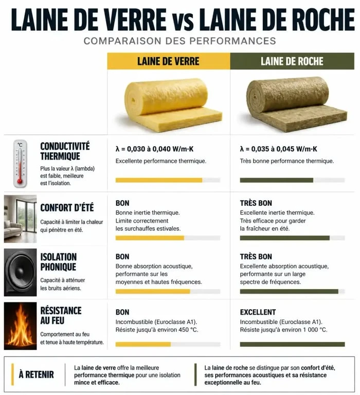 Tableau comparatif des performances entre laine de verre et laine de roche pour l'isolation thermique