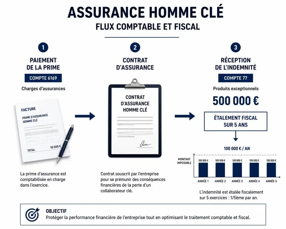 Schéma du flux comptable et fiscal de l'assurance homme clé pour les entreprises
