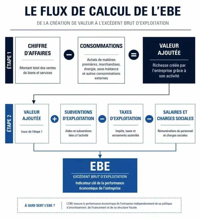 Schéma explicatif du calcul de l'EBE pour une entreprise