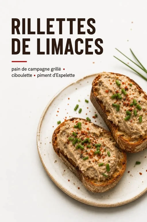 Rillettes de limaces maison sur pain grillé, une recette originale de gastéropode.