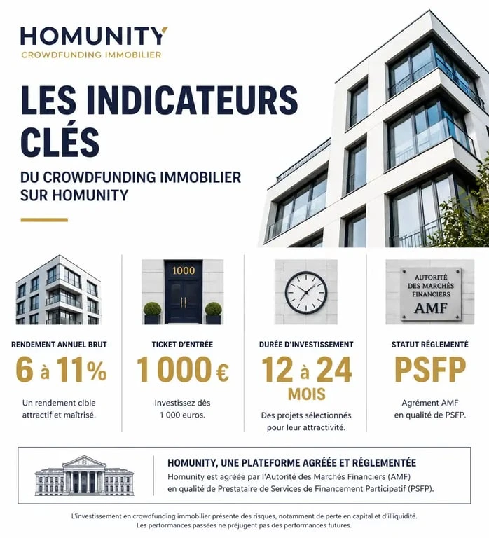 Infographie des indicateurs clés de l'investissement en crowdfunding immobilier sur Homunity
