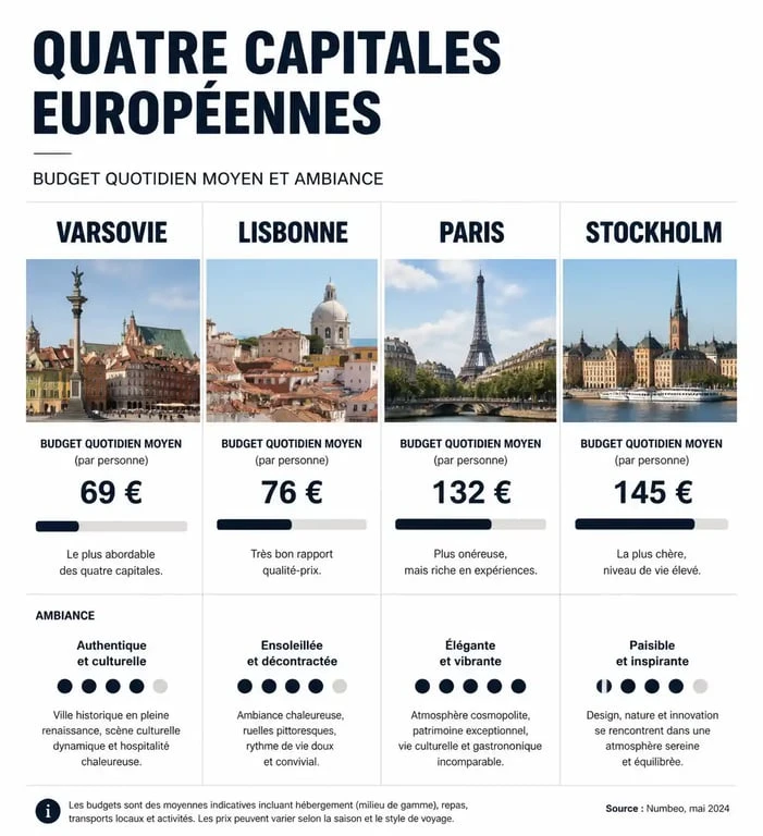 Infographie comparative des budgets et ambiances pour visiter une capitale européenne