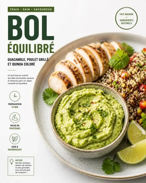 Assiette équilibrée avec du poulet grillé et du guacamole, une idée originale pour savoir avec quoi manger le guacamole.