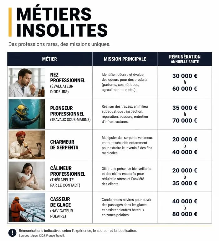 Infographie comparative des métiers insolites : missions, formations et salaires pour une reconversion professionnelle.