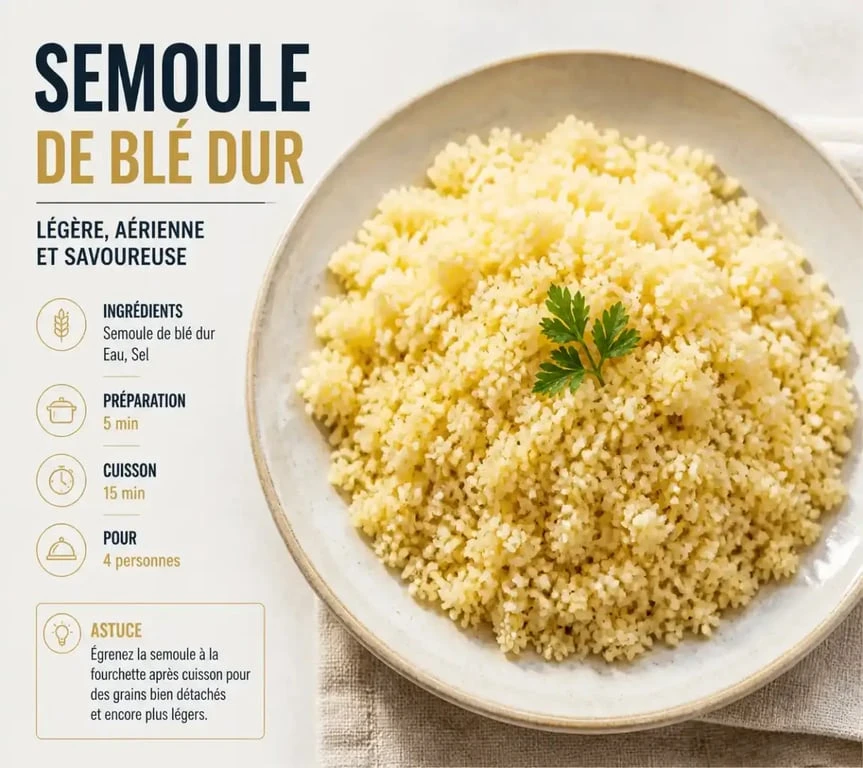 Assiette de semoule de blé dur pour illustrer la quantité par personne
